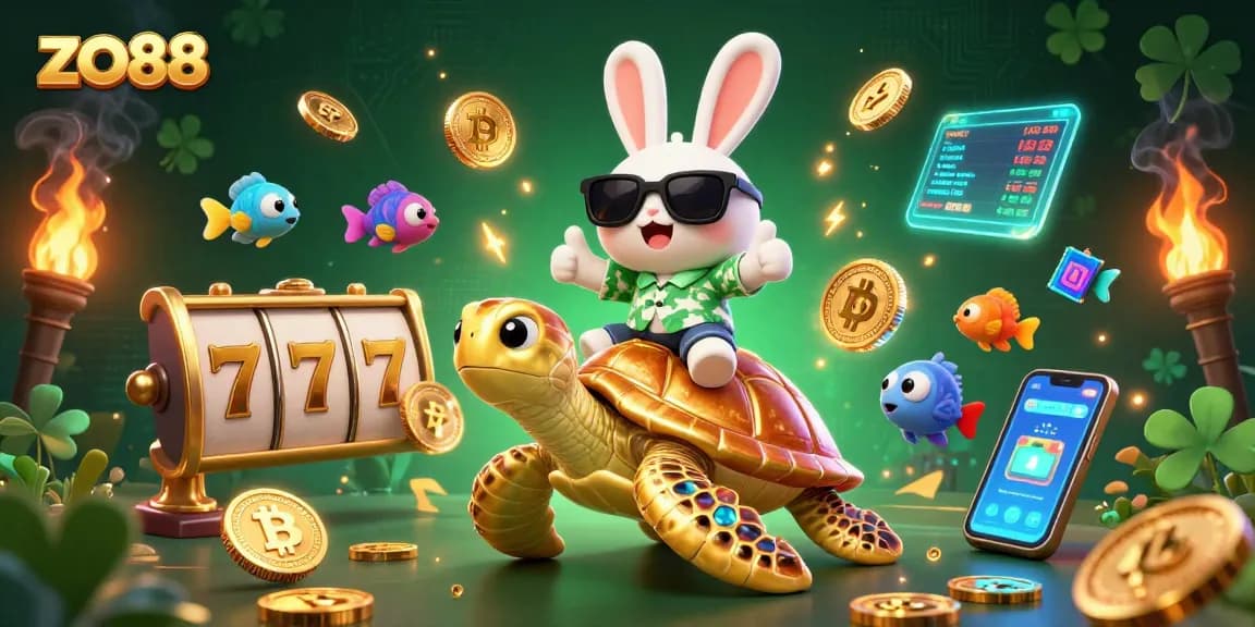Experience thrilling casino vibes with zo88's lucky rabbit and golden sea turtle in vibrant, action-packed scene.