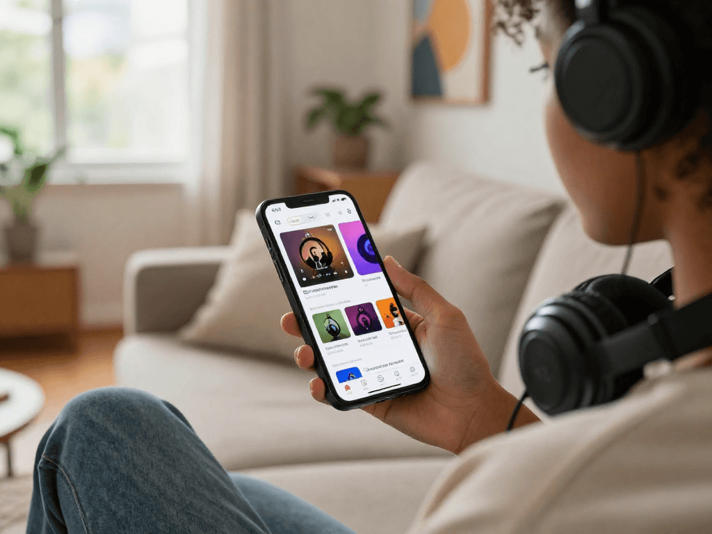 使用抖音出品的音乐App，用户在温馨的客厅中享受音乐，展现个性化推荐和播放列表。