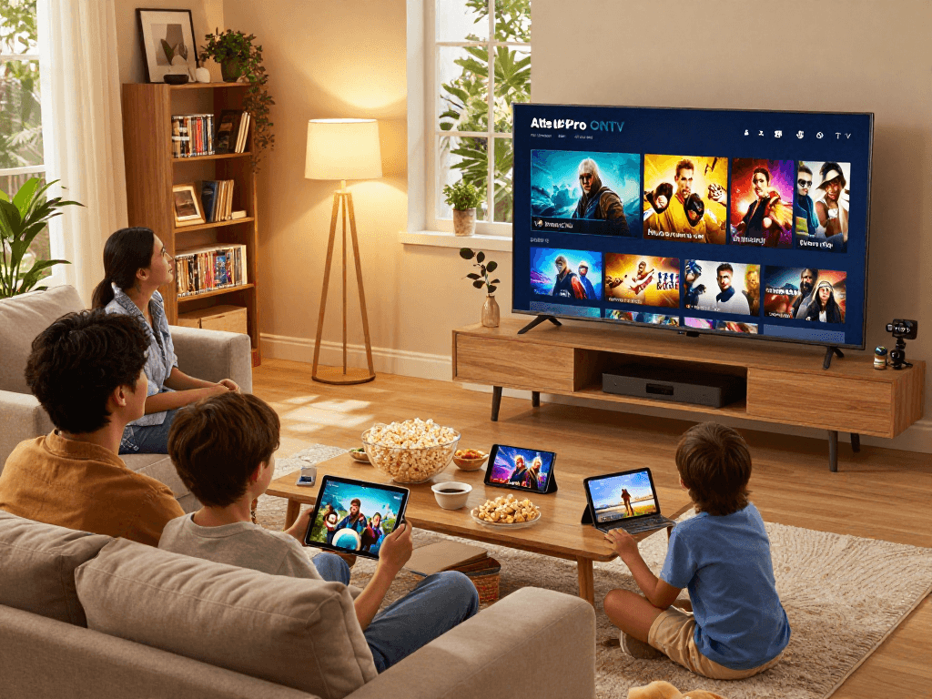 Expérience de divertissement à domicile avec Atlas pro ontv dans un salon confortable.