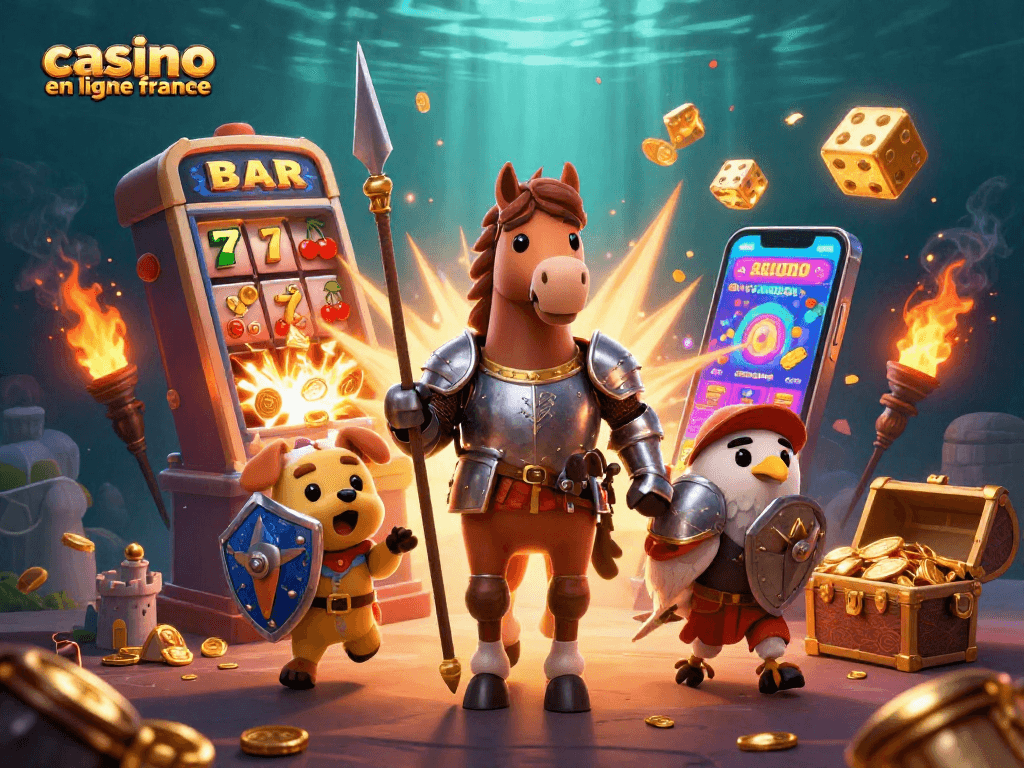 Découvrez le monde captivant des jeux sur un casino en ligne France, où un chevalier et son écuyer célèbrent les jackpots.