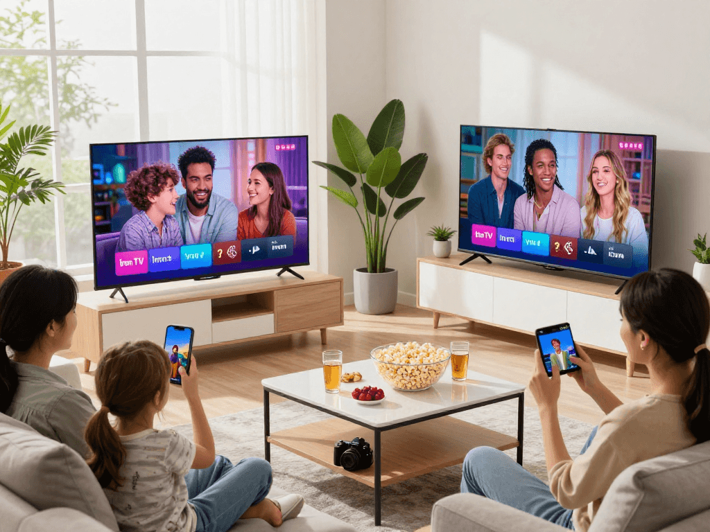 Regardez du contenu Iron TV en famille dans un salon moderne et lumineux.