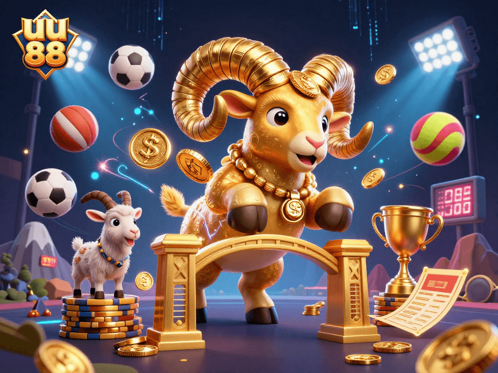 uu 88 showcases a golden ram charging through a casino with dynamic sports activity in a captivating illustration.