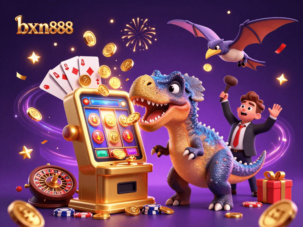 Watch the bxn888 pachycephalosaurus winning jackpot coins at a colorful casino scene.