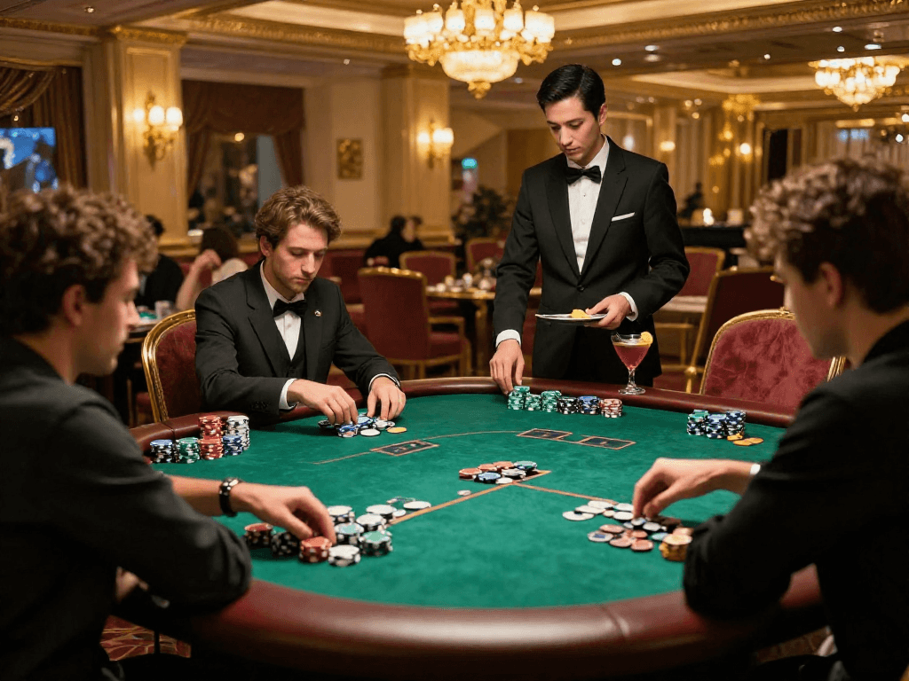Scène de casino en ligne France avec joueurs concentrés au poker, ambiance élégante et jeux d'argent réels.