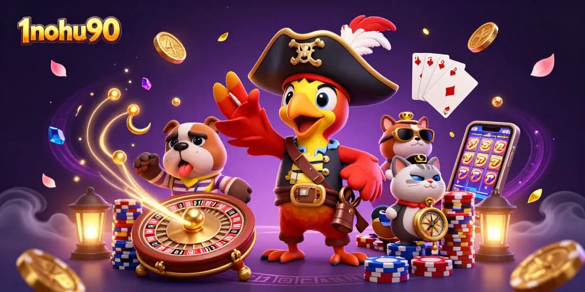 Cascade coins and vibrant gems celebrate 1nohu90's thrilling casino atmosphere with pirate characters.