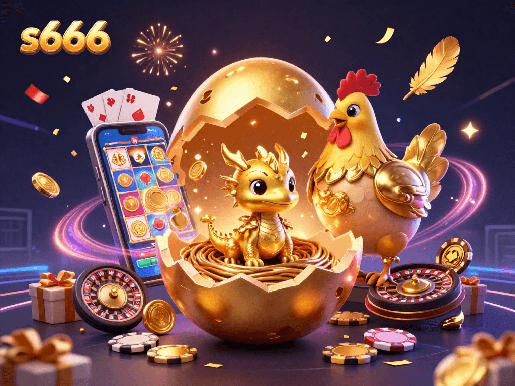s666 players enjoy thrilling moments as a golden baby dragon emerges from a colossal egg surrounded by poker chips and dynamic gaming elements