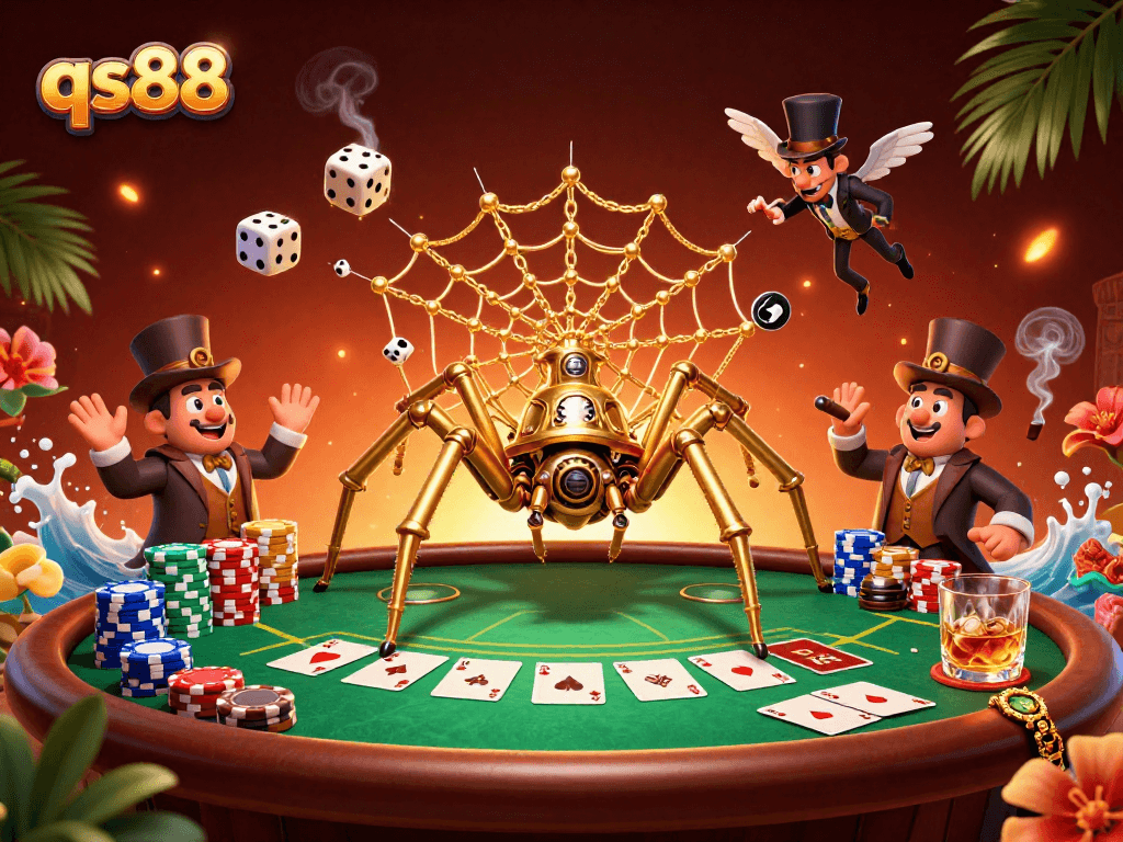 Engage in thrilling gameplay at qs88, featuring a captivating golden spider and poker elements.